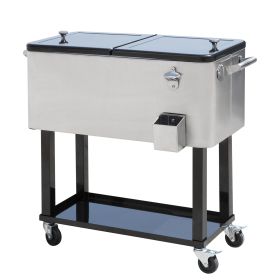Outsunny 80 QT Rolling Cooling Bins Ice Chest on Wheels Outdoor Stand Up Drink Cooler Cart for Party, Silver (Color: AS PIC)